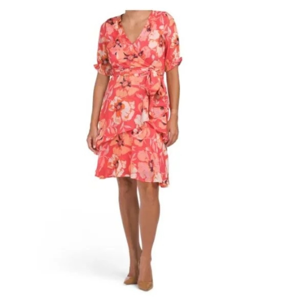 🍒 Tahari ASL Grenadine Floral Ruffle Faux Wrap Dress Size 4